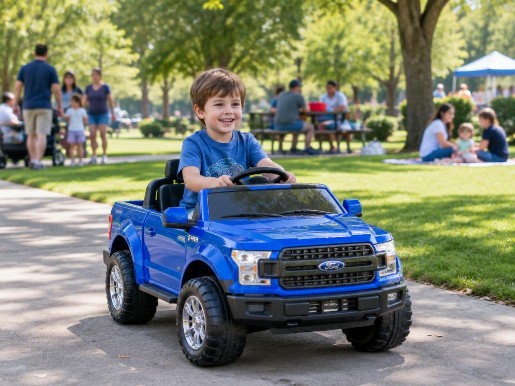 Menino sorrindo dirigindo um carrinho elétrico azul no parque