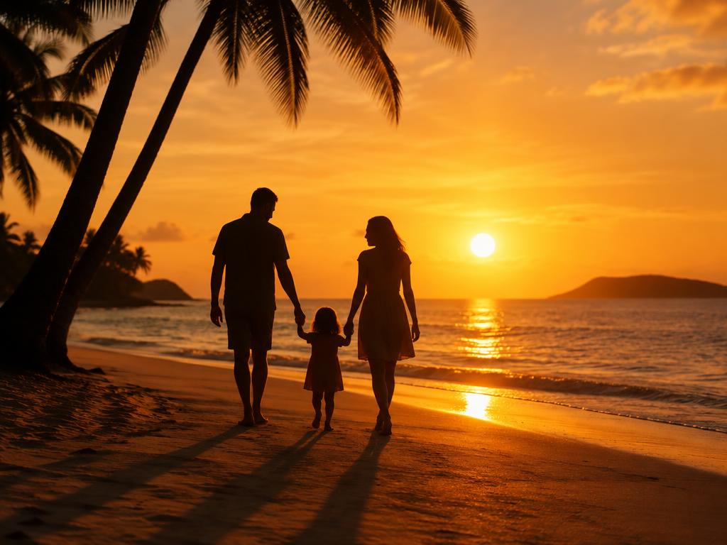 Família caminhando de mãos dadas ao pôr do sol