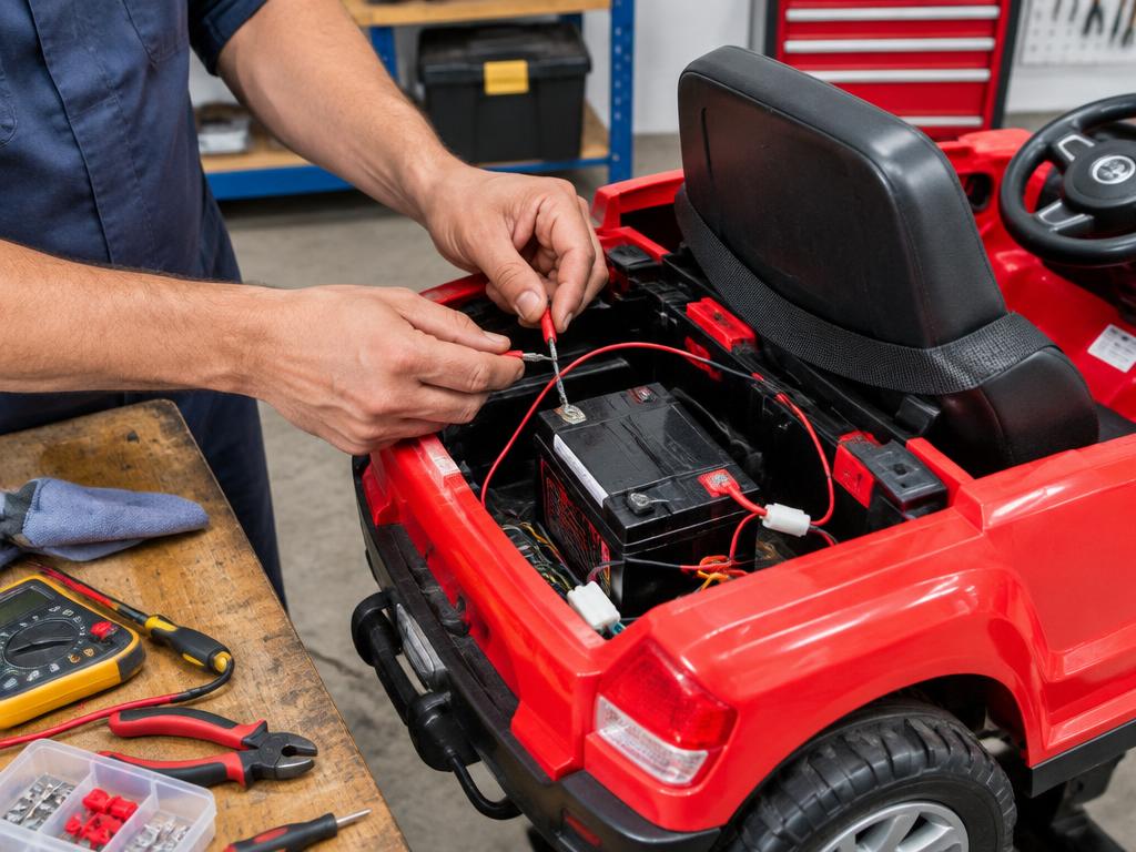 Técnico revisando a bateria de um carrinho elétrico